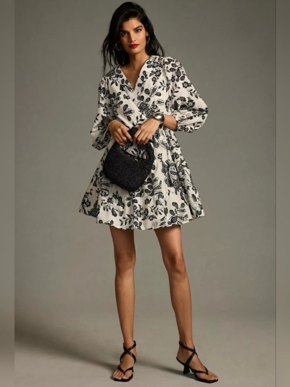 FARM Rio Black-and-White Floral Wrap Mini Dress